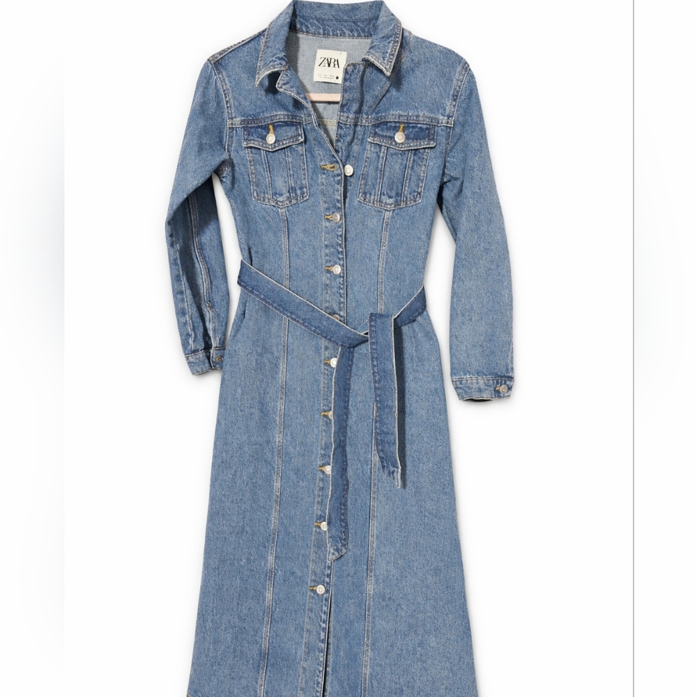 Zara Blue Denim Long Sleeve Midi Collared Dress‎ Sz Small